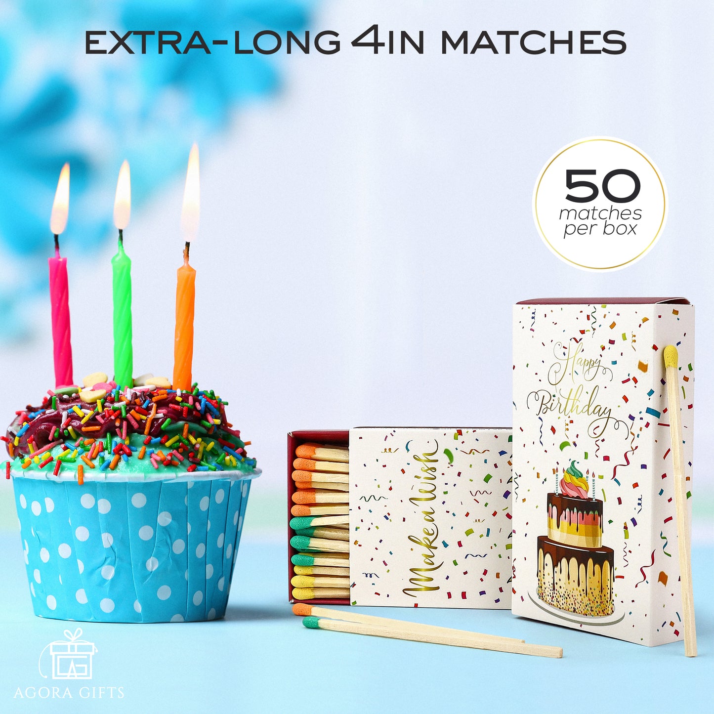 Happy Birthday Matches Box - 4-Inch Long Matches for Candles with Strike - Wooden Colorful Matches with Fancy Rainbow Tips - 50 Pc Match Stick Box