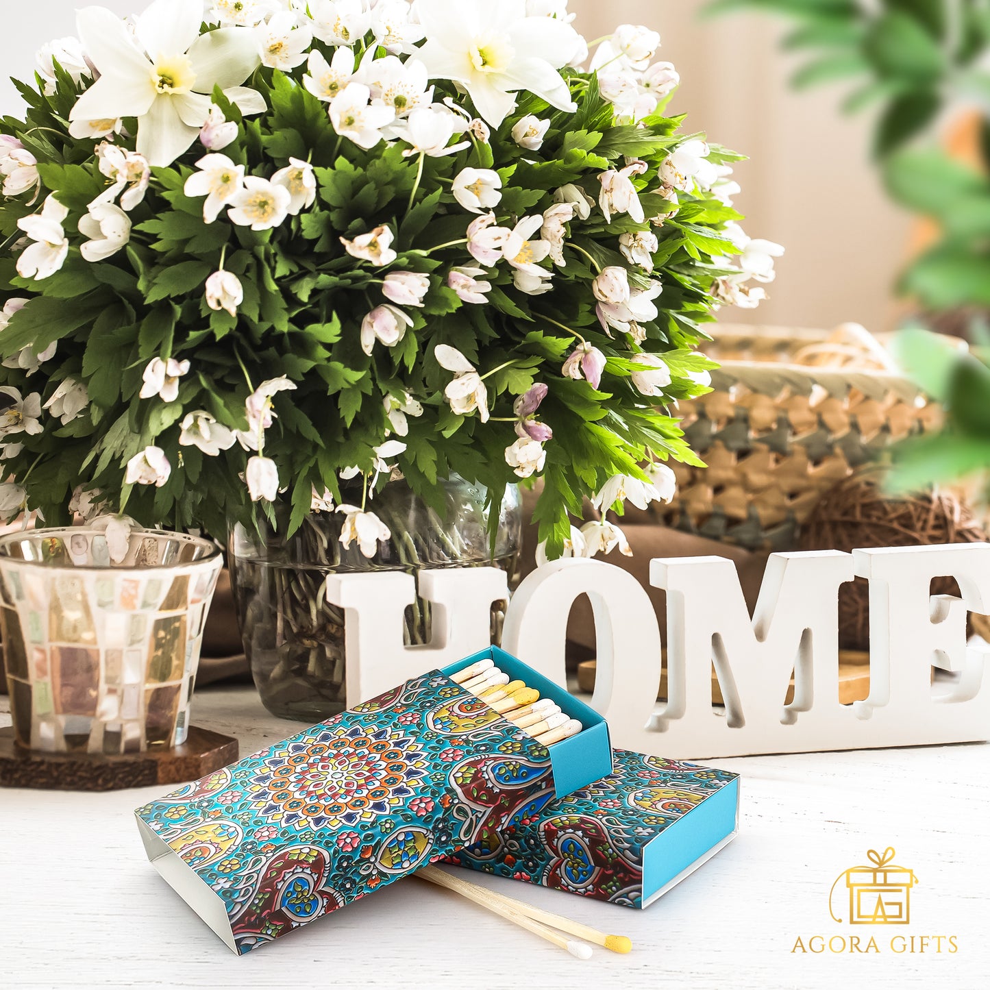 Decorative 4-Inch Matches with Colorful Tips, 50 Matchsticks in Each Beautiful Box. (Choose Two Designs)