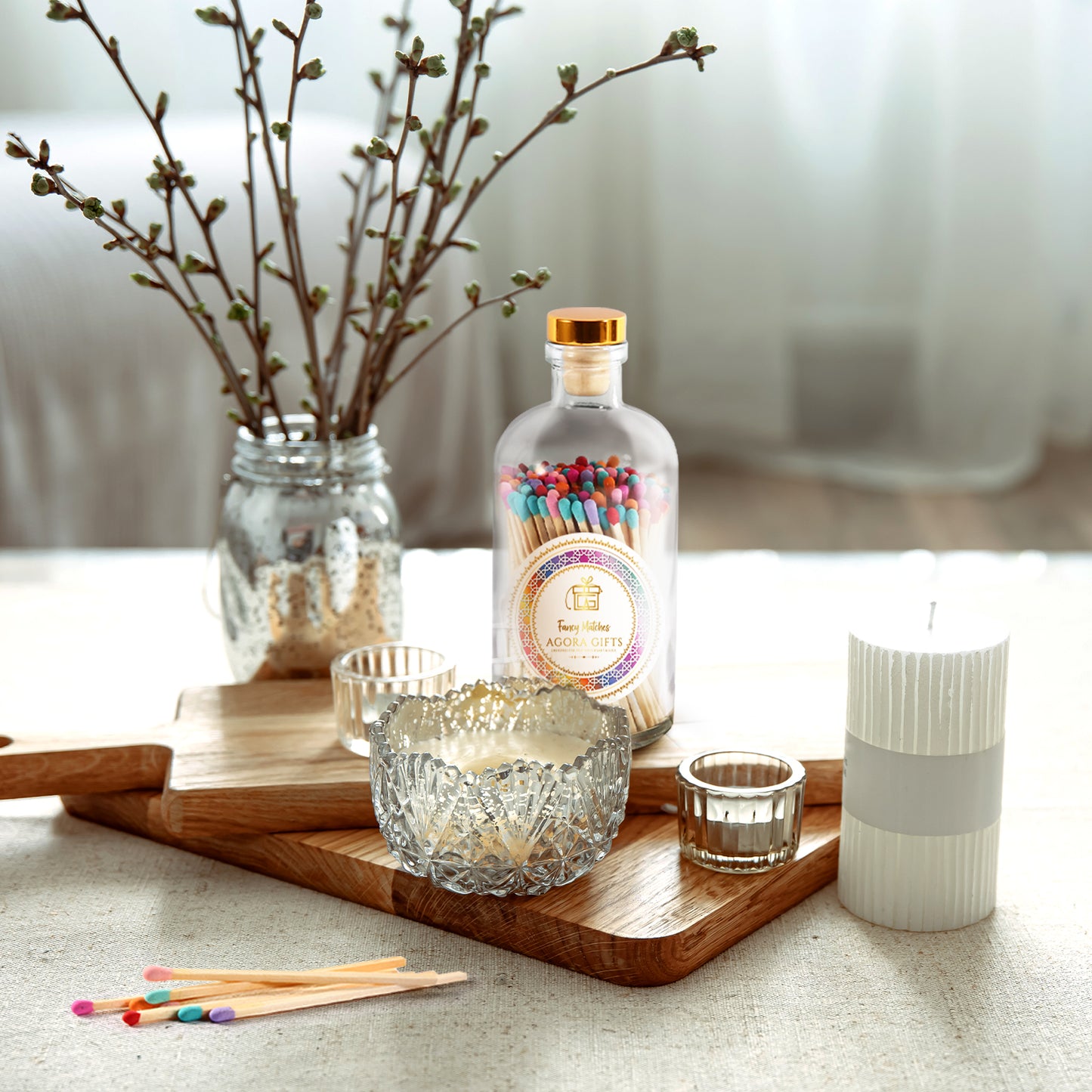 Apothecary Glass Jar with Gold Top Containing 110 Multi-Colored Wooden Matches