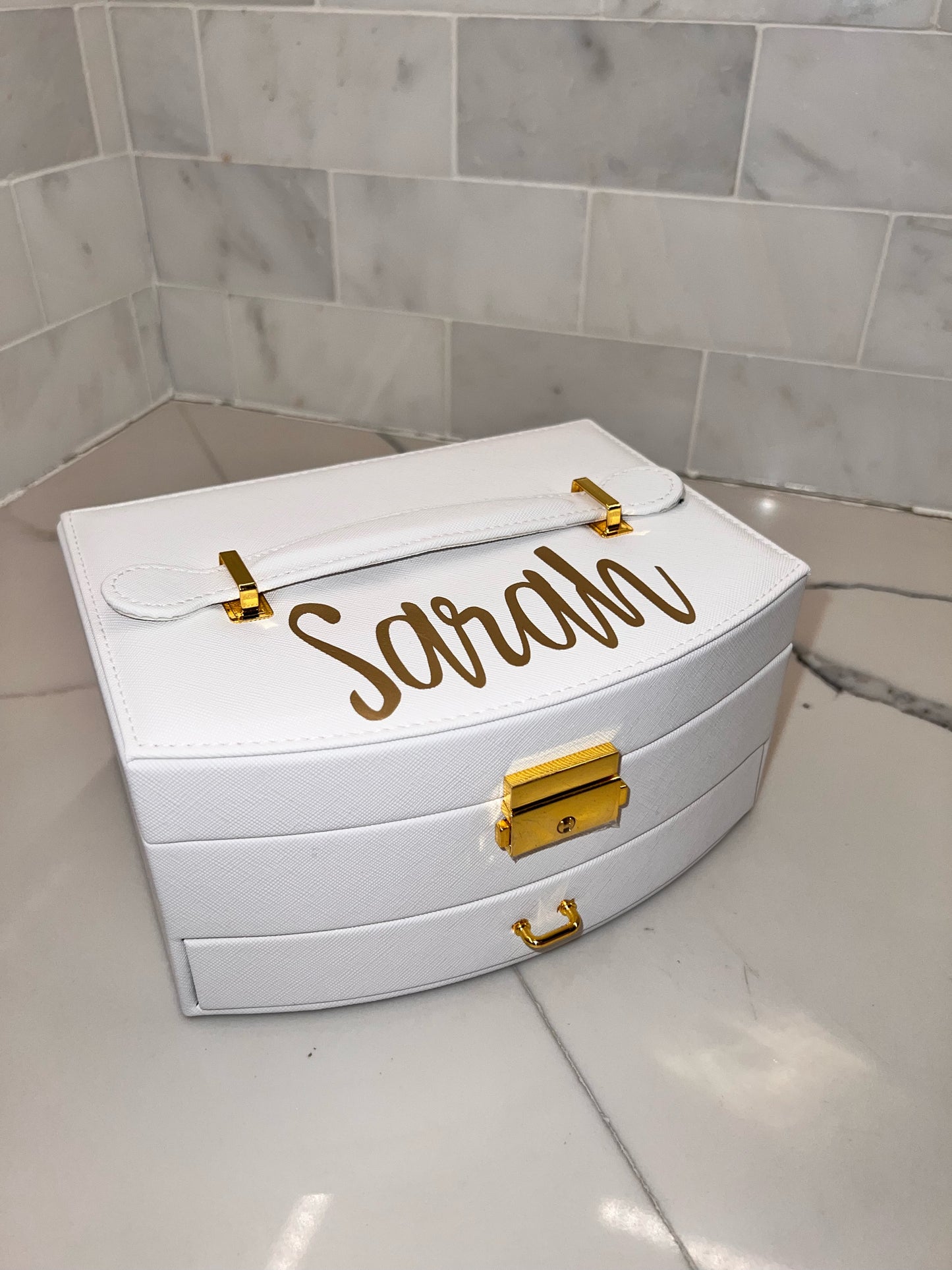 White Personalized Large Jewelry Box with Drawer, Carrying Handle, and a Lock and key