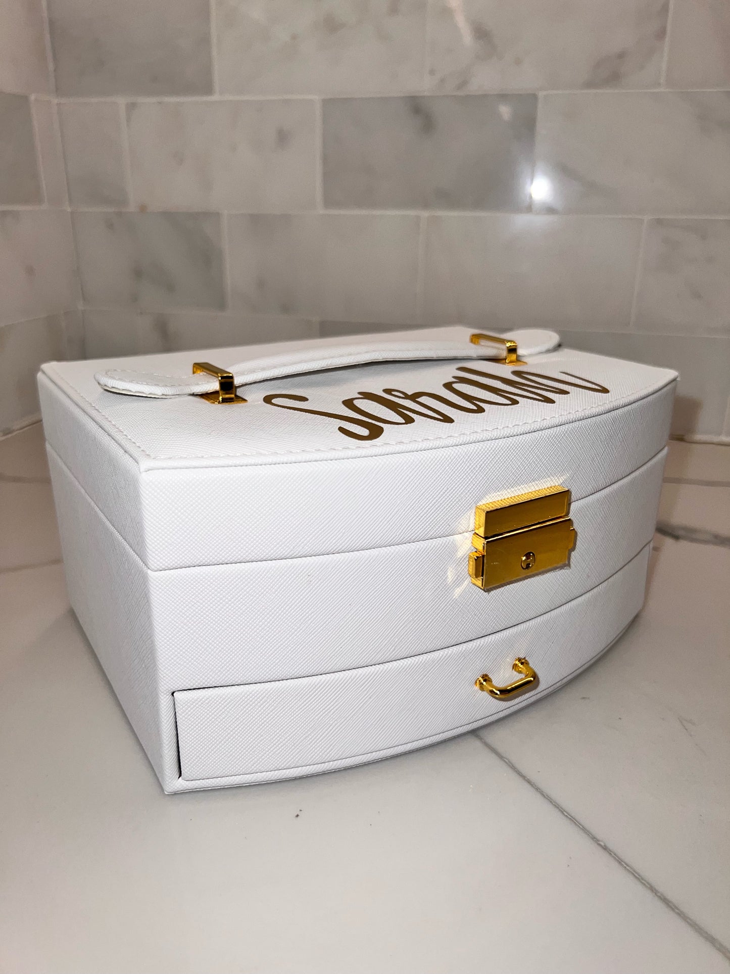 White Personalized Large Jewelry Box with Drawer, Carrying Handle, and a Lock and key