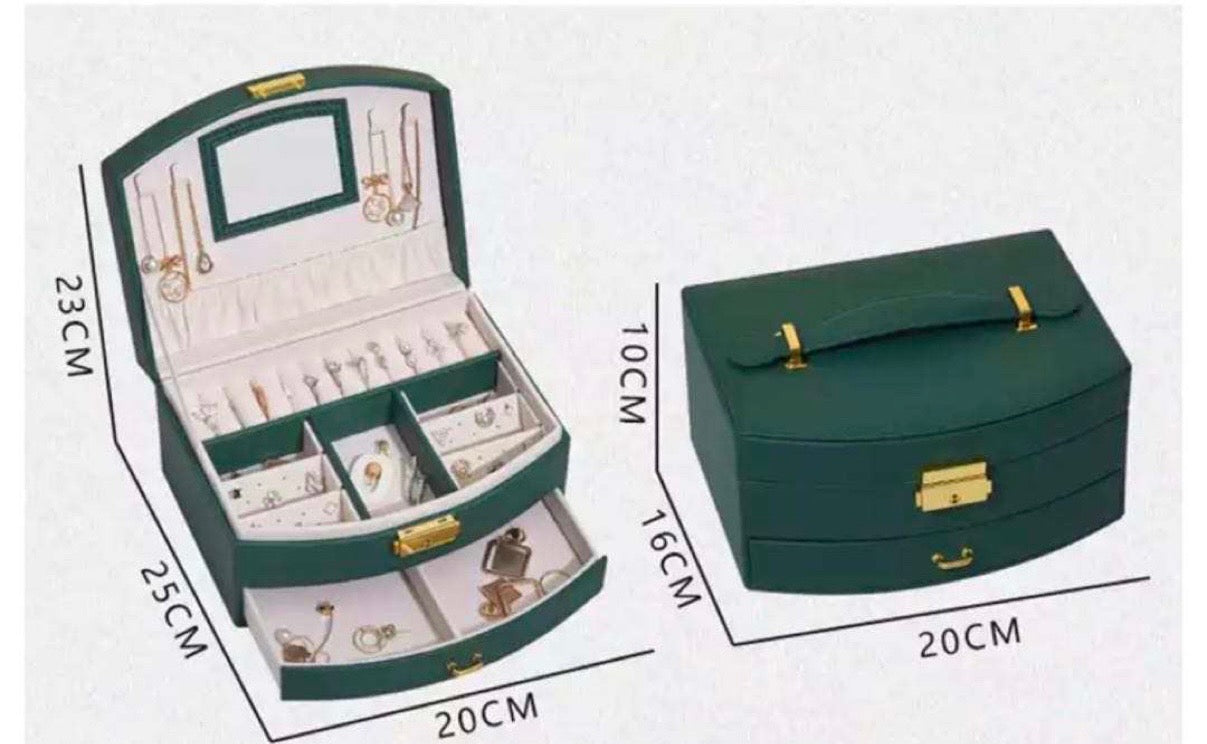 Green Personalized Large Jewelry Box with Drawer, Carrying Handle, and a Lock and Key