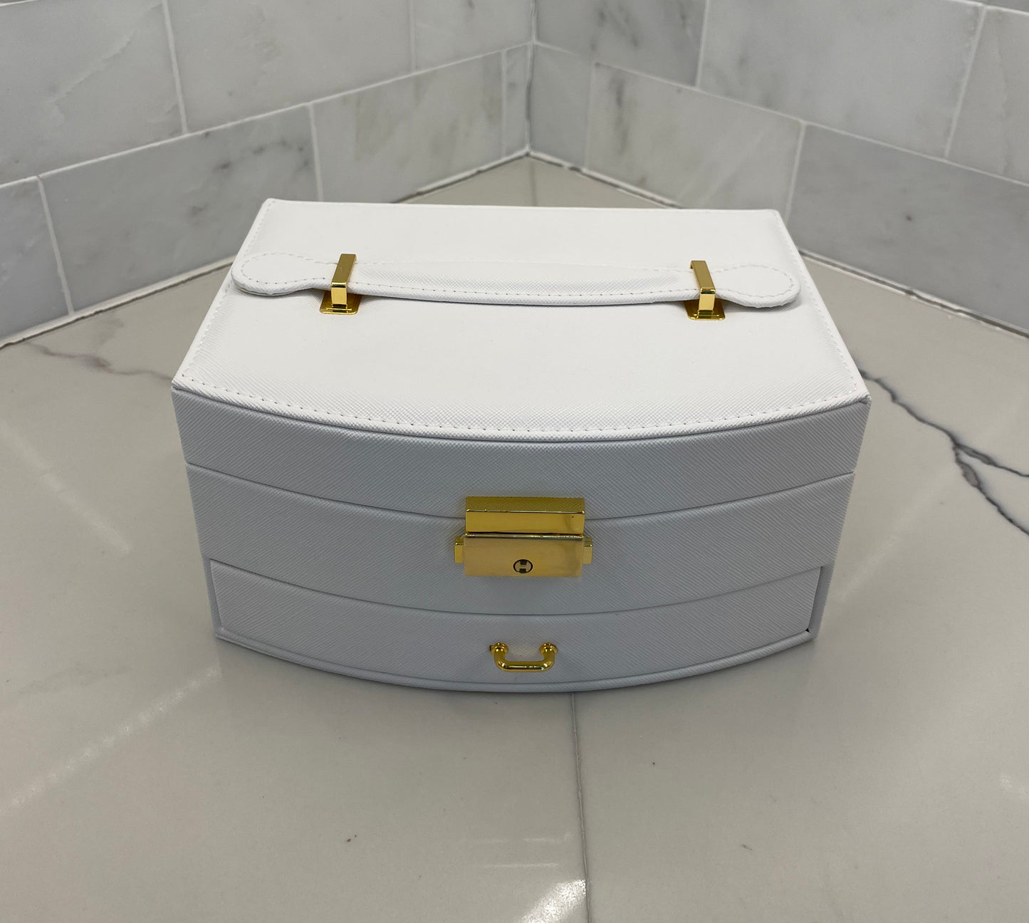 White Personalized Large Jewelry Box with Drawer, Carrying Handle, and a Lock and key