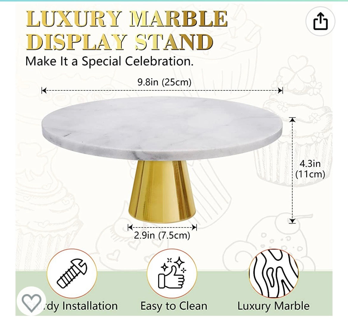 Marble Cake Stand 10" Diameter with Gold Pedestal Stand