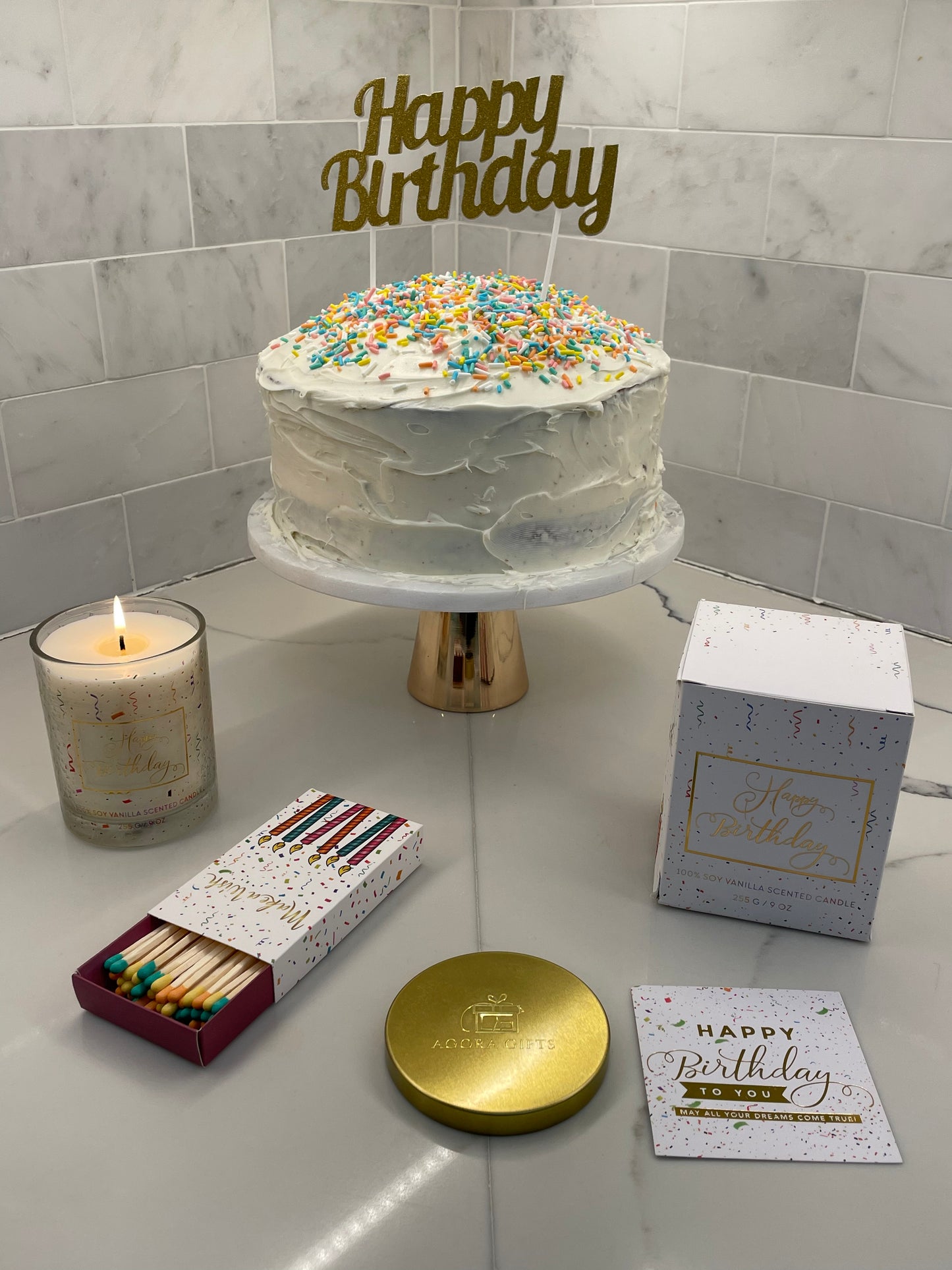 Happy Birthday Candle - 100% Soy Vanilla-Cake Scented Candle in Beautiful Decor Glass Jar 9oz - Unique Gift Set with Cute Birthday Card