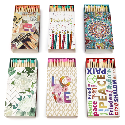 Decorative Matches Box - 4-Inch Long Matches for Candles & Strike - Wooden Colorful Candle Matches with Rainbow Tips - 50 Pc Matchsticks Box