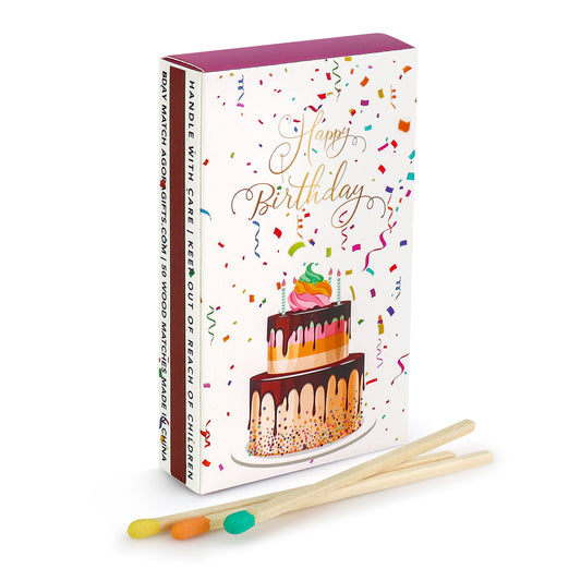 Happy Birthday Matches Box - 4-Inch Long Matches for Candles with Strike - Wooden Colorful Matches with Fancy Rainbow Tips - 50 Pc Match Stick Box
