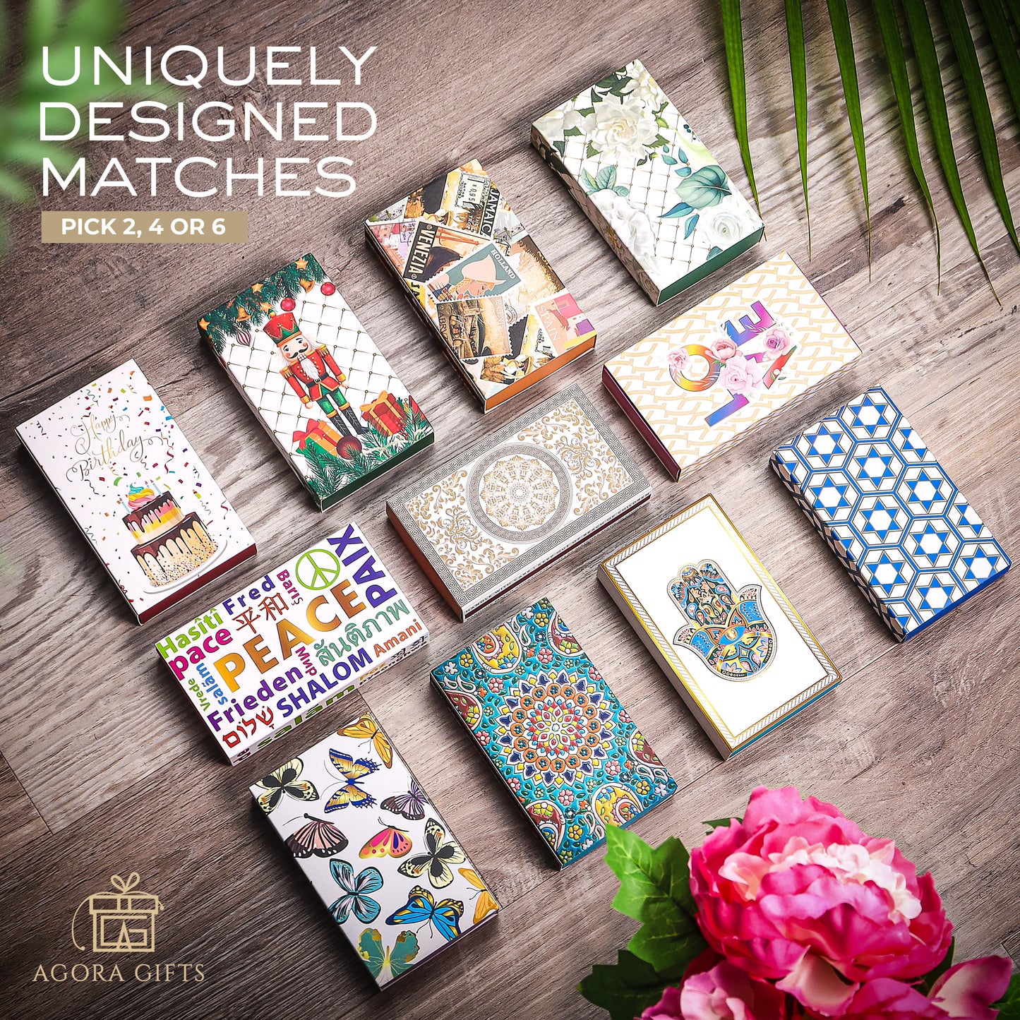 Decorative 4-Inch Matches with Colorful Tips, 50 Matchsticks in Each Beautiful Box. (Choose Two Designs)