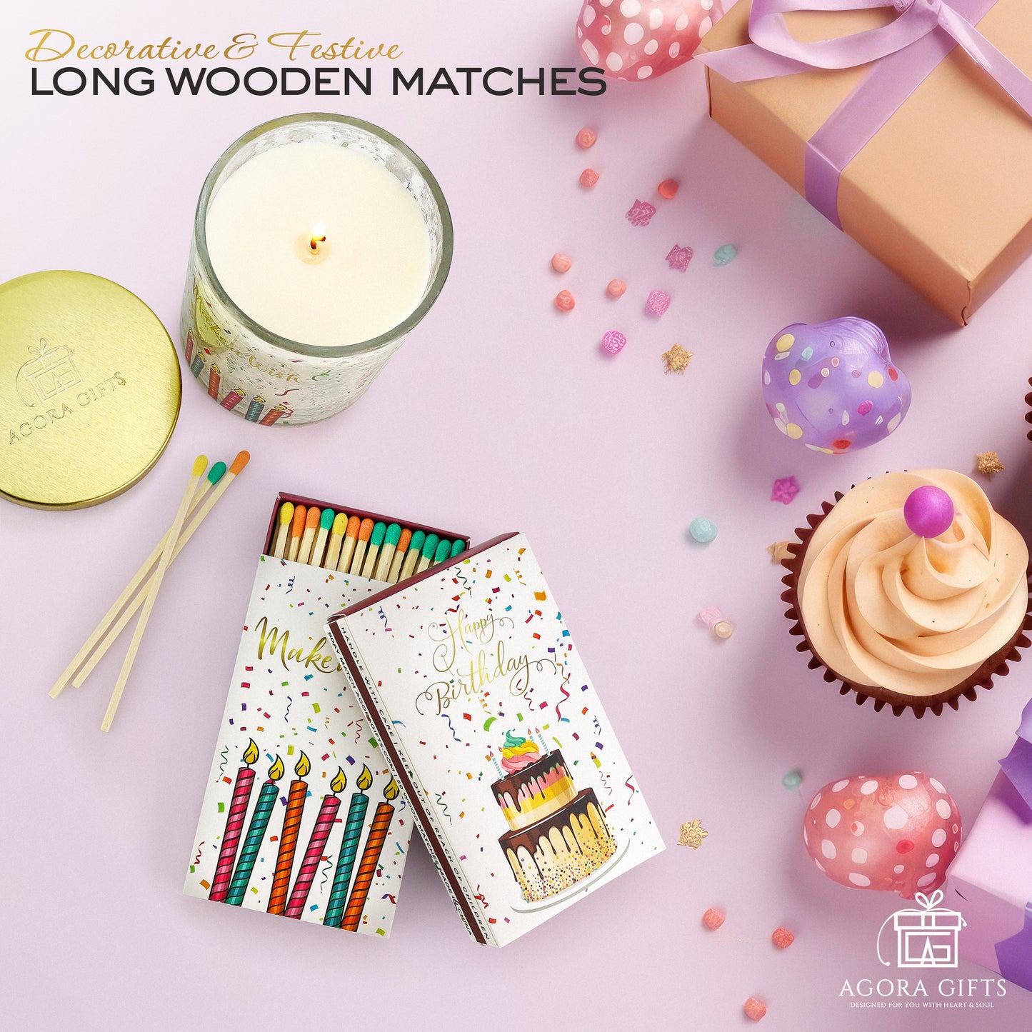 Happy Birthday Matches Box - 4-Inch Long Matches for Candles with Strike - Wooden Colorful Matches with Fancy Rainbow Tips - 50 Pc Match Stick Box