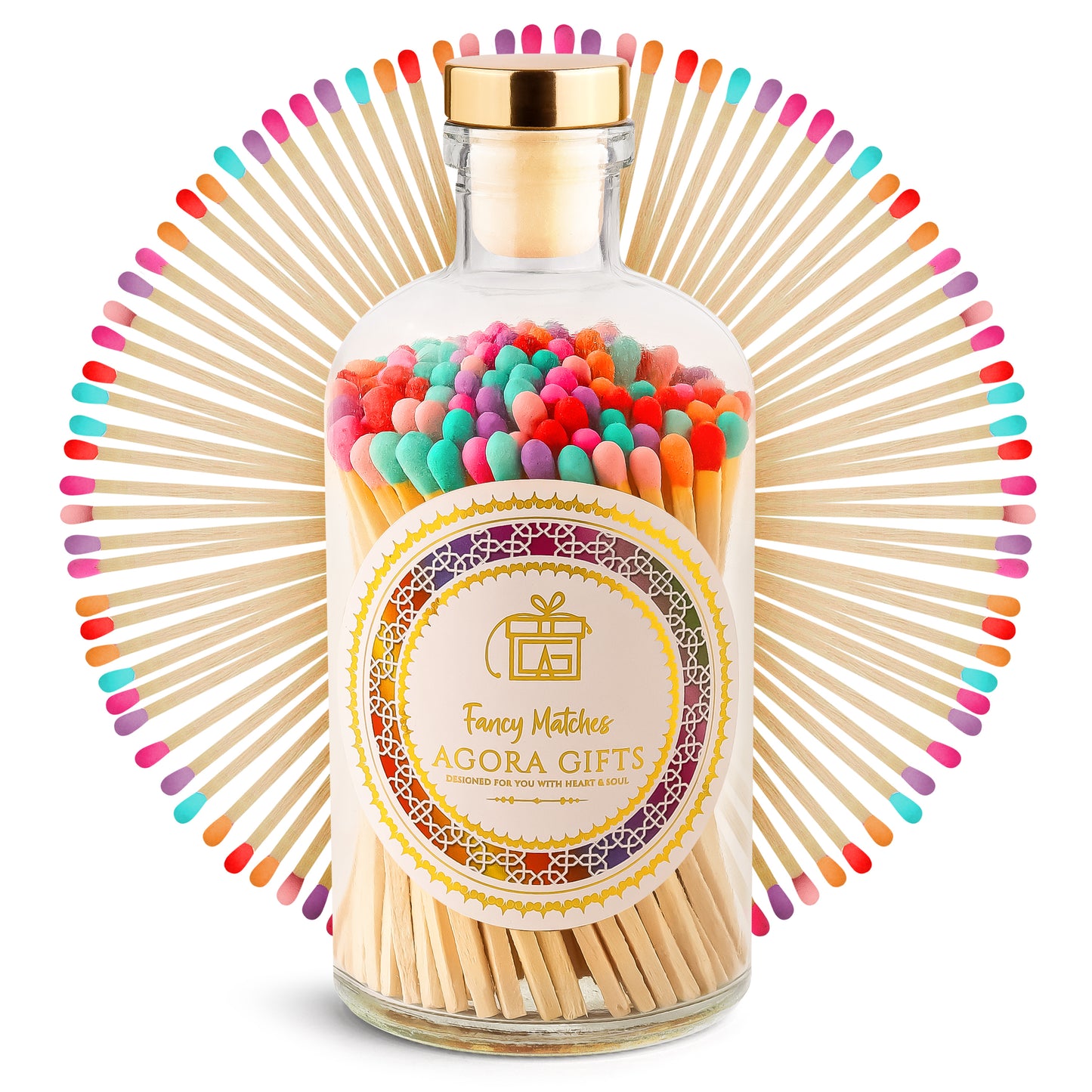 Apothecary Glass Jar with Gold Top Containing 110 Multi-Colored Wooden Matches