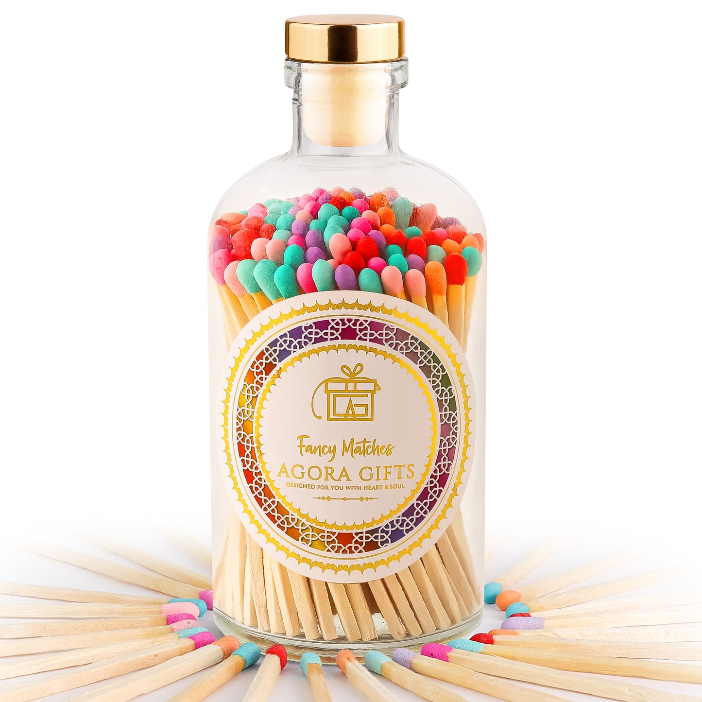 Apothecary Glass Jar with Gold Top Containing 110 Multi-Colored Wooden Matches