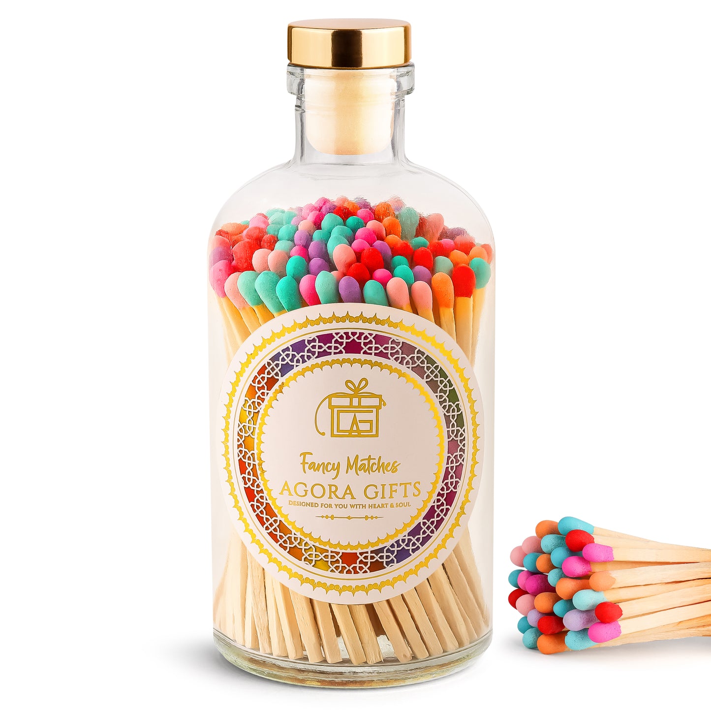 Apothecary Glass Jar with Gold Top Containing 110 Multi-Colored Wooden Matches