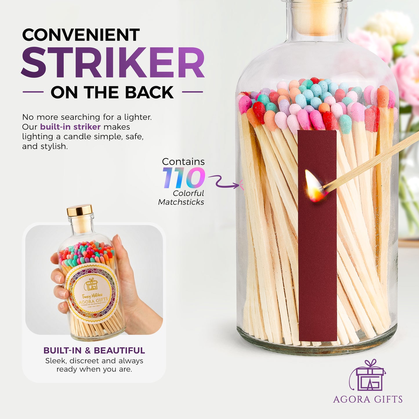 Apothecary Glass Jar with Gold Top Containing 110 Multi-Colored Wooden Matches