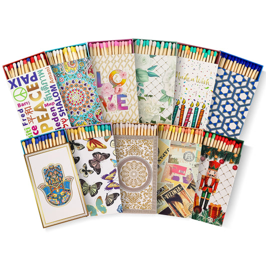 Decorative 4-Inch Matches with Colorful Tips, 50 Matchsticks in Each Beautiful Box. (Choose Two Designs)