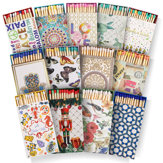 Decorative 4-Inch Matches with Colorful Tips, 50 Matchsticks in Each Beautiful Box. (Choose Two Designs)