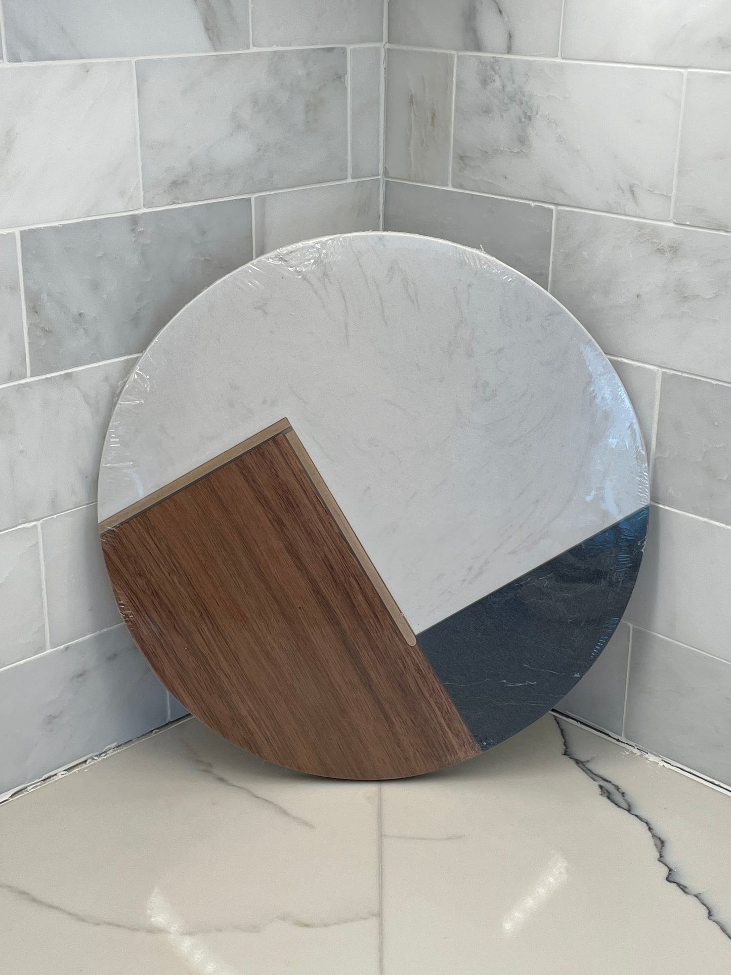 Round White & Gray Marble, Solid Acacia Wood with Brass Stripe 12" Diameter Cheeseboard