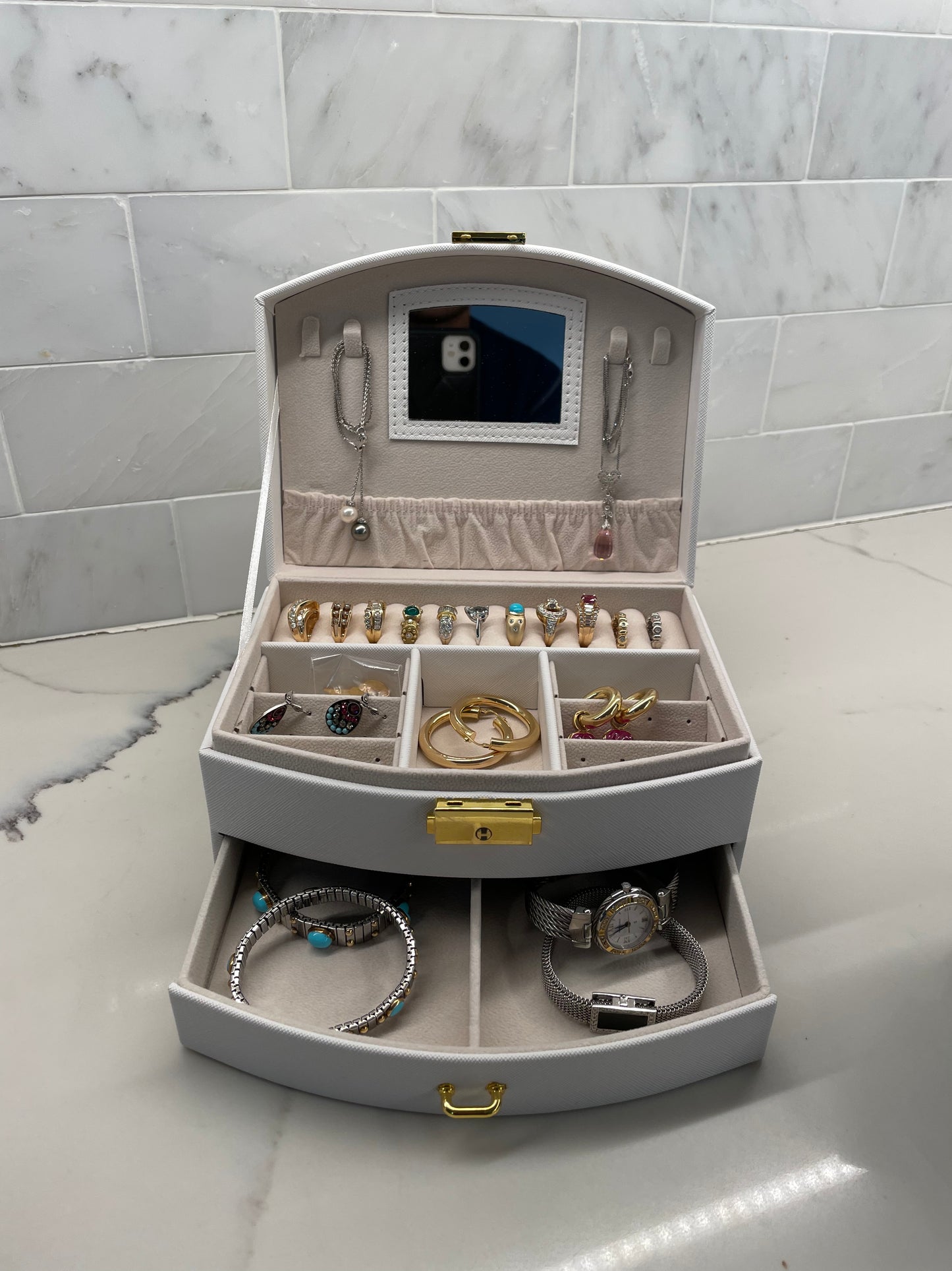 White Personalized Large Jewelry Box with Drawer, Carrying Handle, and a Lock and key