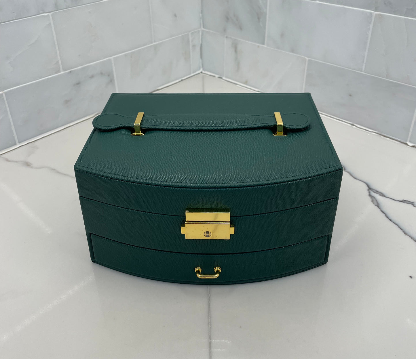 Green Personalized Large Jewelry Box with Drawer, Carrying Handle, and a Lock and Key