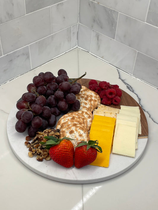 Round White & Gray Marble, Solid Acacia Wood with Brass Stripe 12" Diameter Cheeseboard