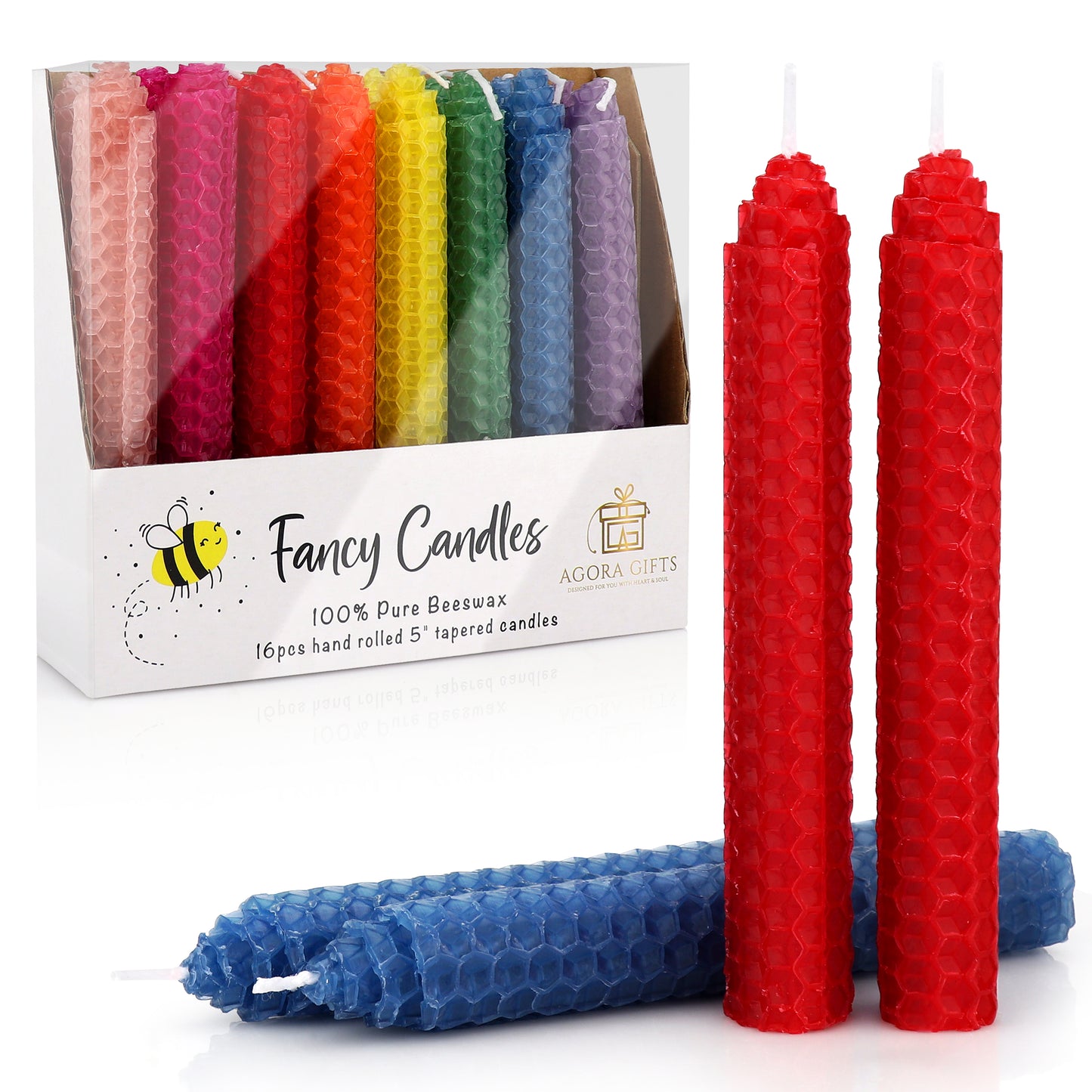 16-Piece Jewel-Toned Hand-Rolled 100% Beeswax 5" Tapered Candles