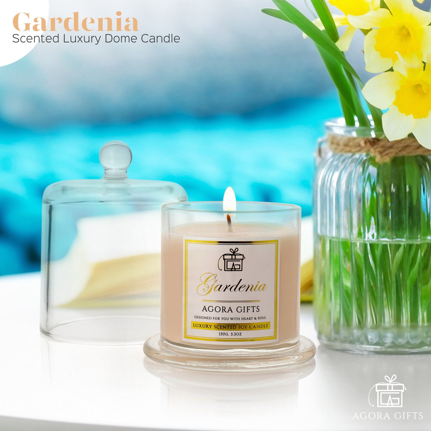 Luxury Gardenia Soy Scented Candle In A Glass Dome Decorative Cloche
