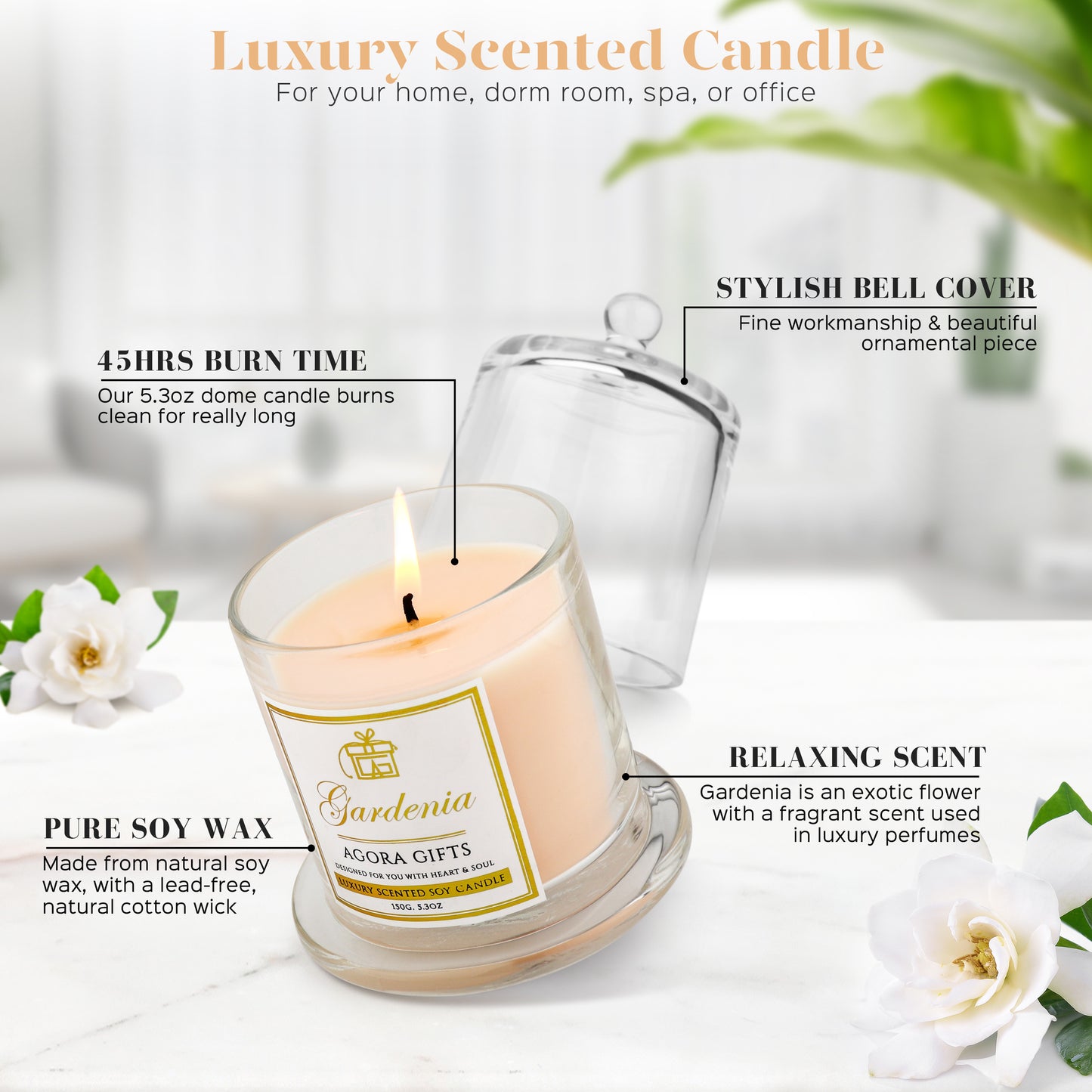 Luxury Gardenia Soy Scented Candle In A Glass Dome Decorative Cloche